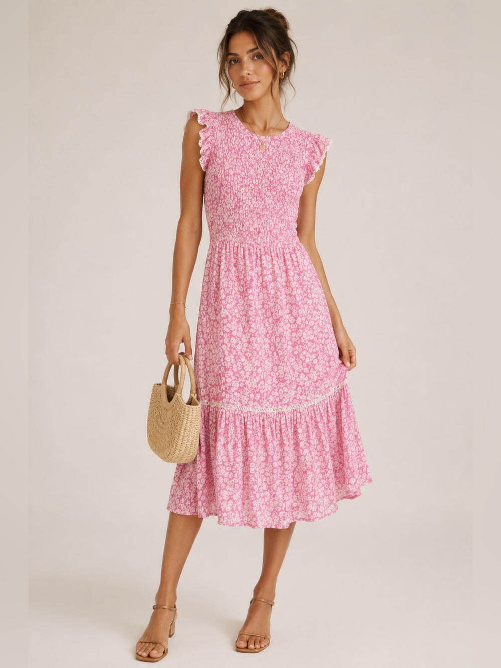 Lost + Wander Pick Me Pink Floral Midi Dress XS Smocked Ruffle Sleeve